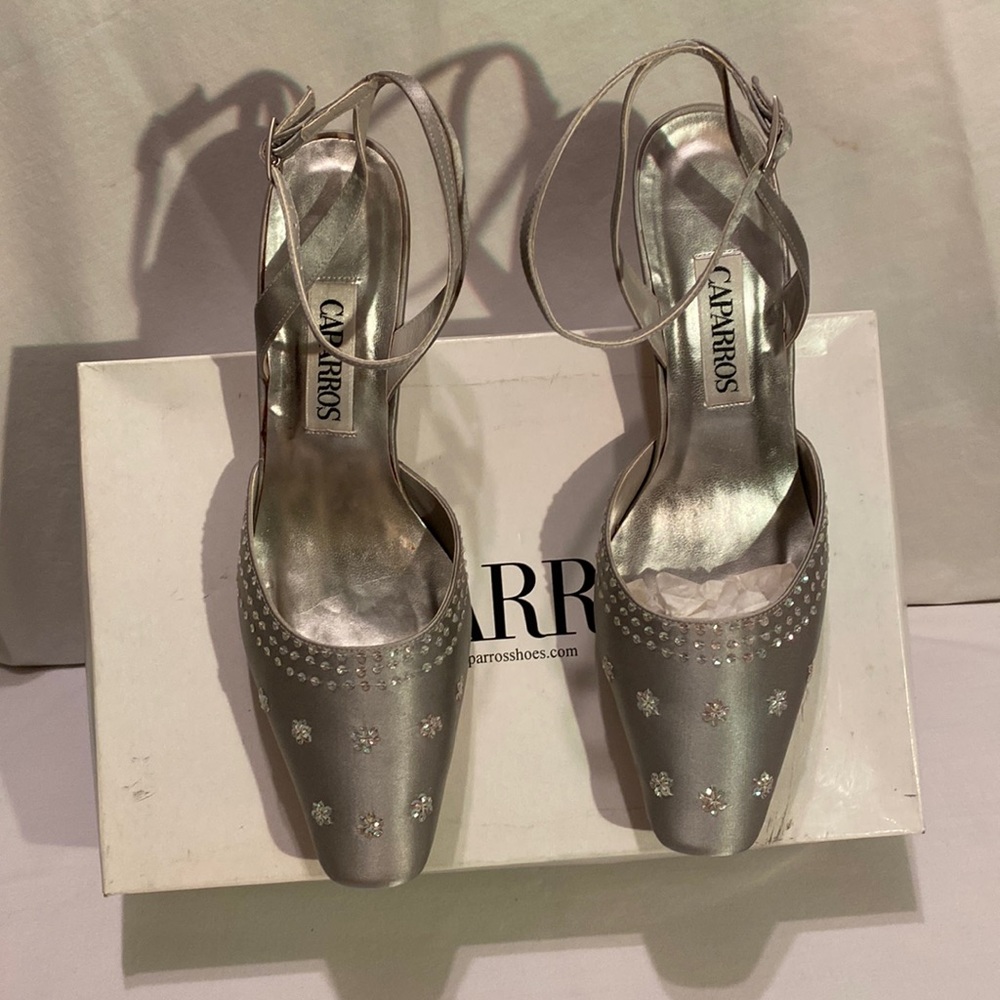 Caparros platinum silk ankle strap heels. Size 8m, 3” heel